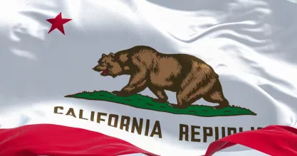 Close-up view of the California State flag waving in the wind 